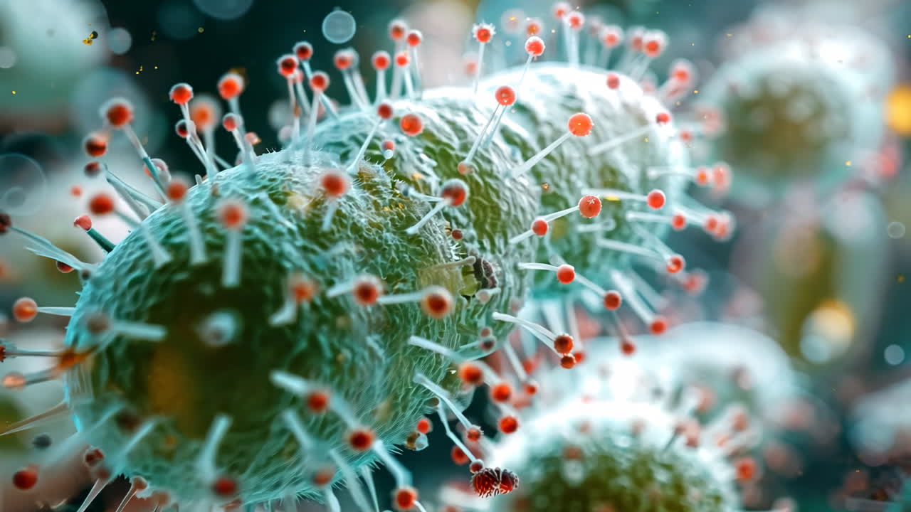 A close up of a green and red virus with red dots. The virus is surrounded by a blurry background