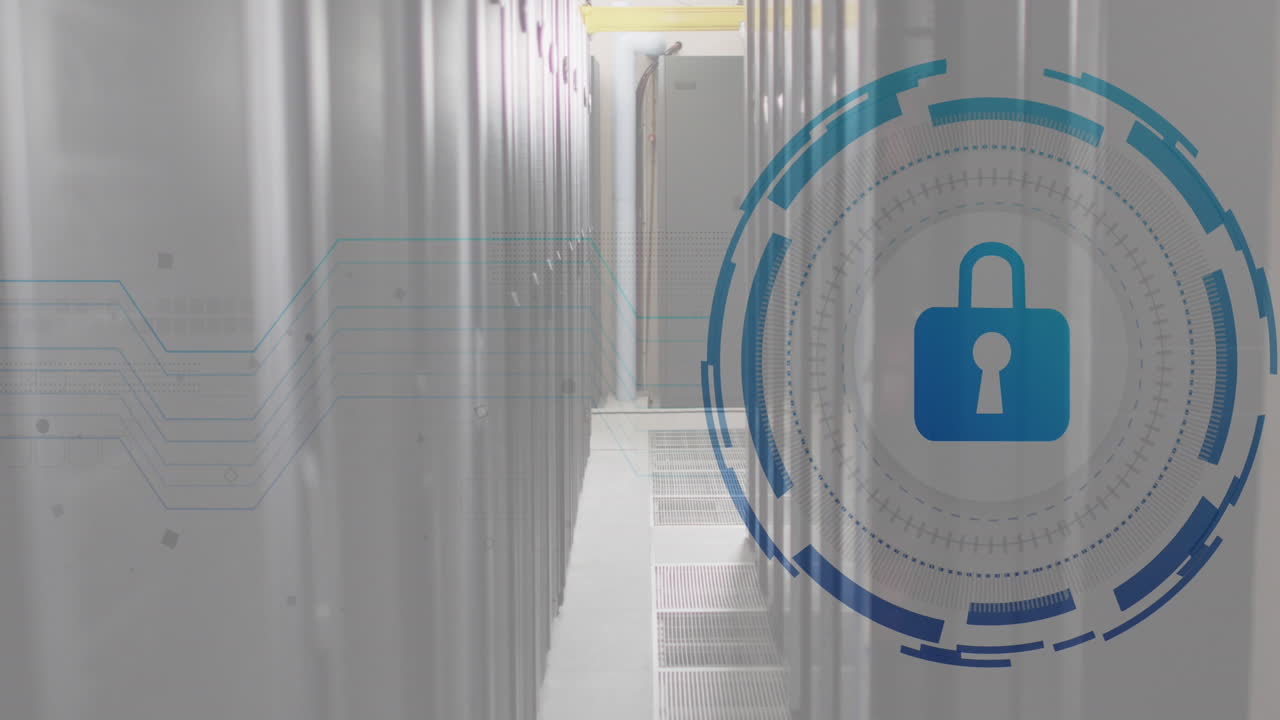 Animation of padlock in loading circles over data server room