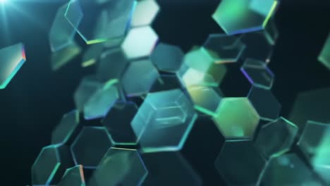a captivating exploration of shimmering hexagonal shapes against a dark backdrop, revealing intricate patterns and reflections that create a mesmerizing visual experience