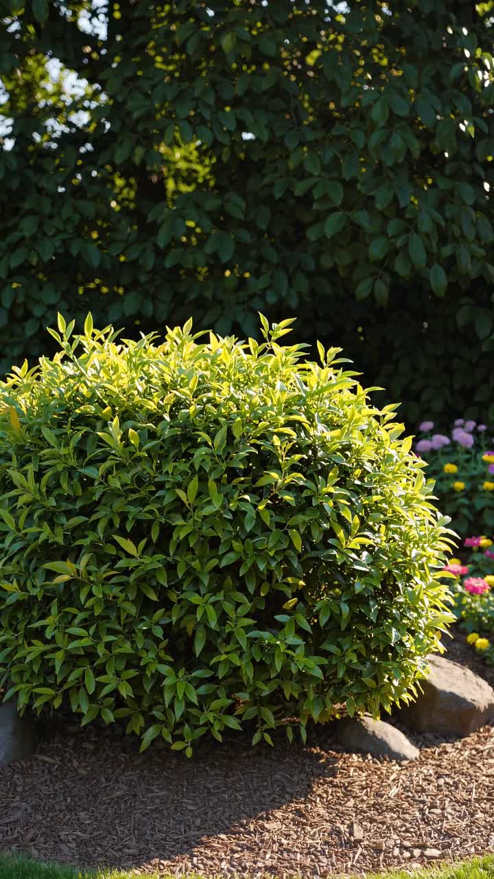 Una vivace scena di giardino con vegetazione lussureggiante e fiori colorati, ripresa con un'inquadratura dal basso, perfetta.