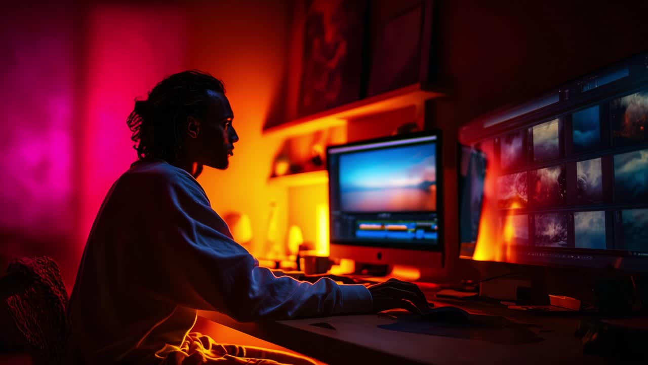 Creative Focus: A Cinematic Workspace Showcasing an Individual Engaged in Video Editing with a Vibrant Color Palette and Modern Technology in a Cozy Atmosphere