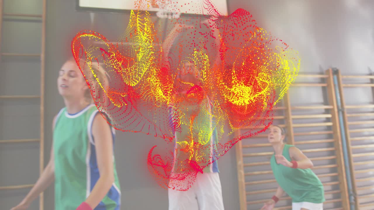 Female basketball player initiating pivot dribble and driving past defenders for jump shot on court