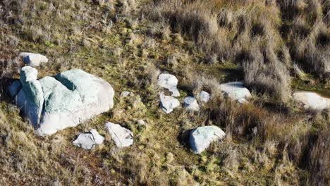drone camera smoothly glides above a sunlit grassy field with scattered large rocks, capturing natural textures and rugged terrain in clear daylight
