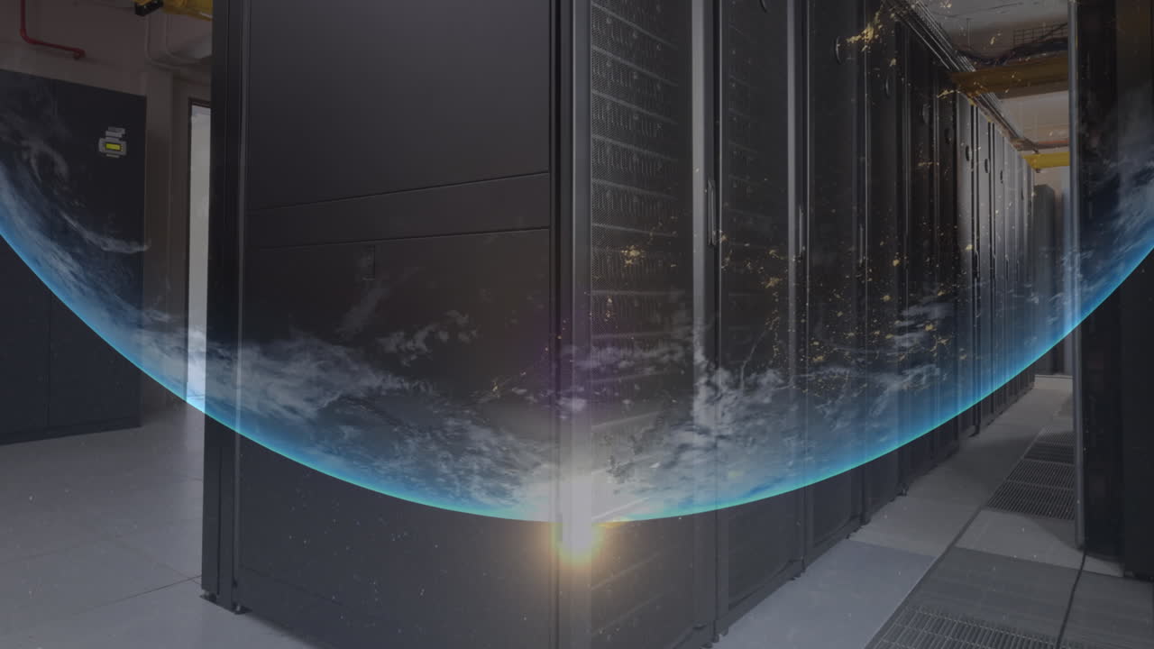 Animation of rotating globe and lens flare over server room in background