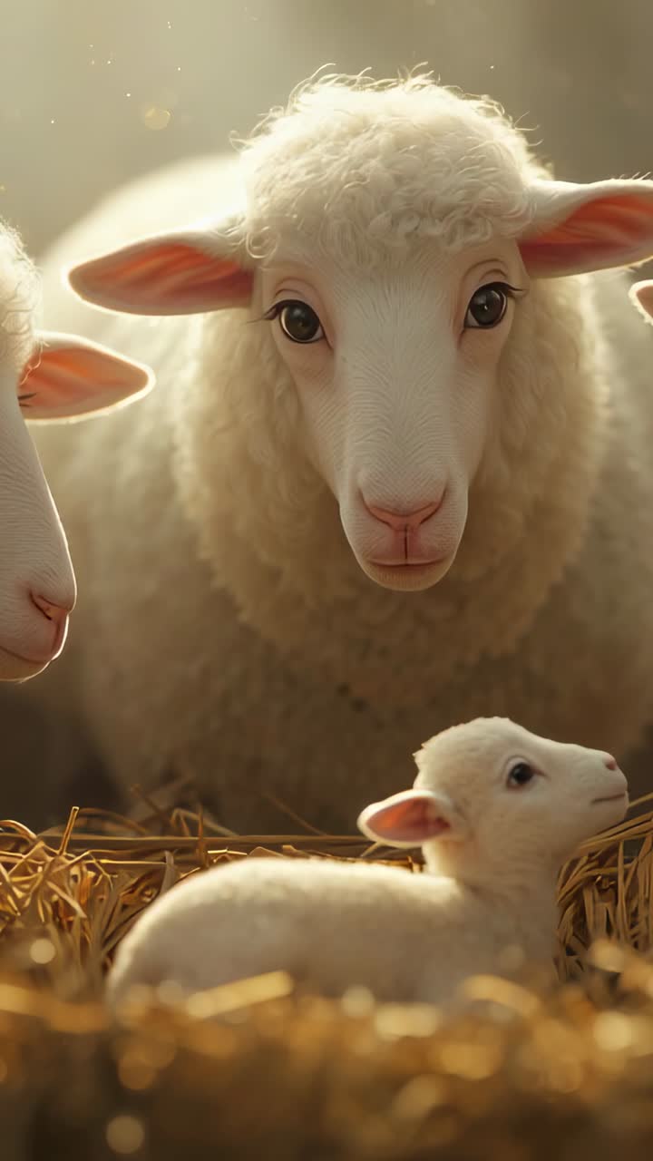 Vertical video: Holding steady, ewe watching lamb starting head shift on hay, dust motes glowing