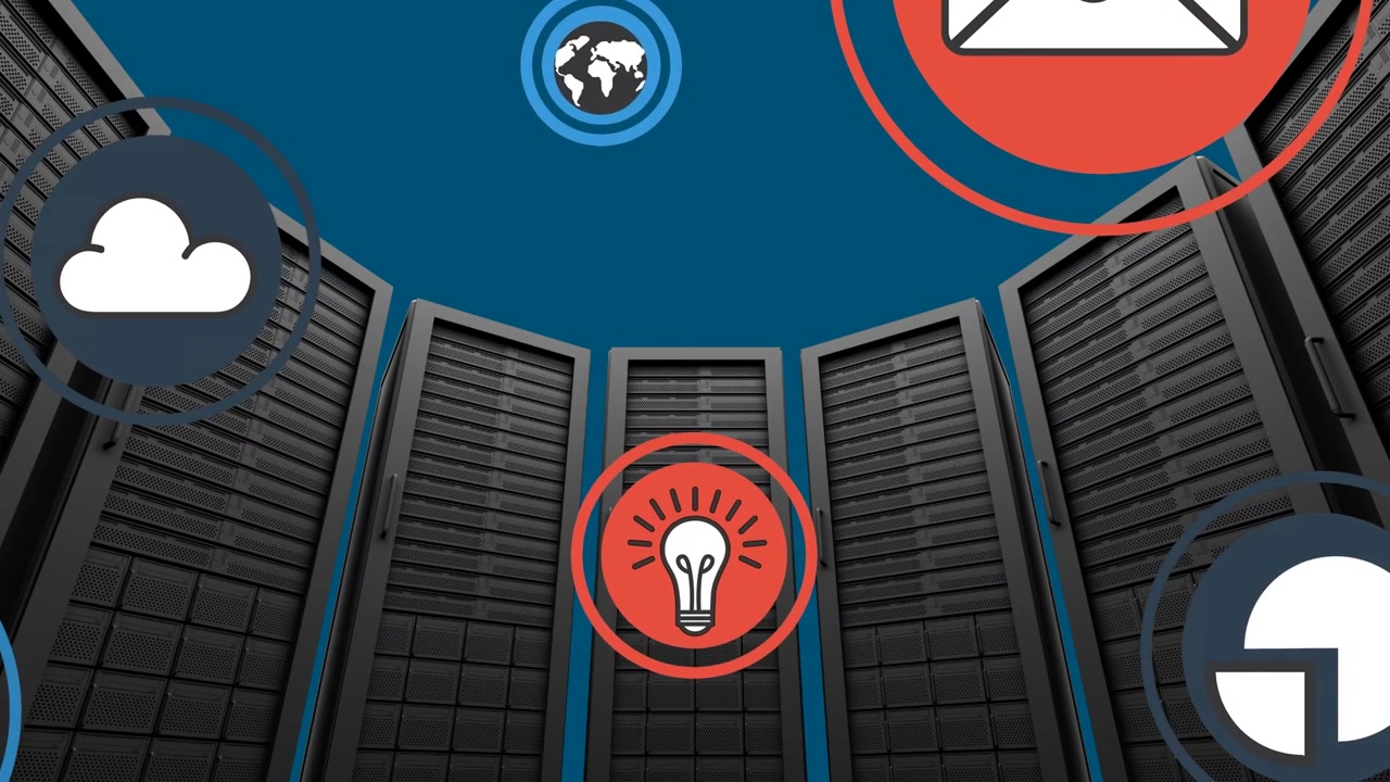 Animation of social media icons and cloud over servers