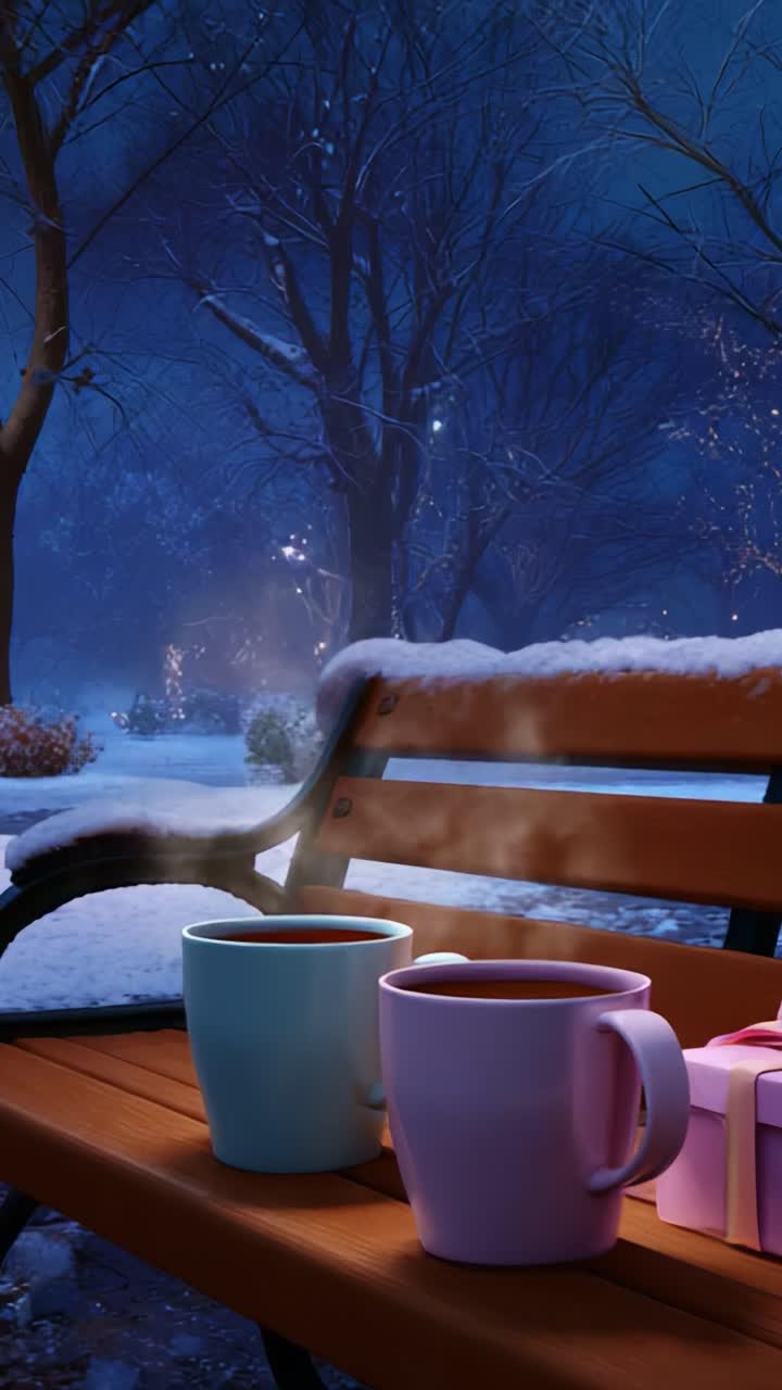 A serene winter night scene featuring steaming cups of hot beverages on a cozy bench, surrounded by snow-covered trees and gentle twinkling lights, ideal for relaxation and warmth in cold weather