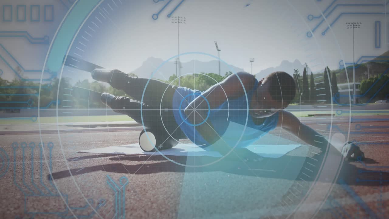 animación del procesamiento de datos digitales sobre un atleta masculino discapacitado con cuchillas de correr en la pista de correr