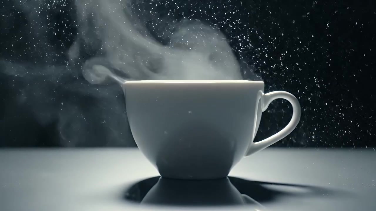 Tazza di caffè bianca fumante su sfondo scuro