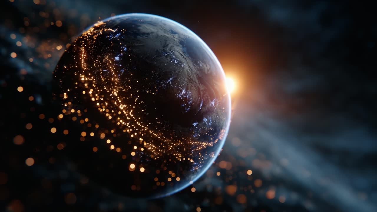 A Stunning View of Earth Surrounded by Radiant Lights and the Sun's Glow in a Captivating Cosmic Scene of Beauty and Wonder in the Universe