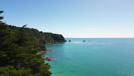 el avión no tripulado revela una pintoresca playa aislada en el épico paisaje marino de nueva zelanda con aguas prístinas del océano y bosque verde en el parque nacional wainui bay abel tasman