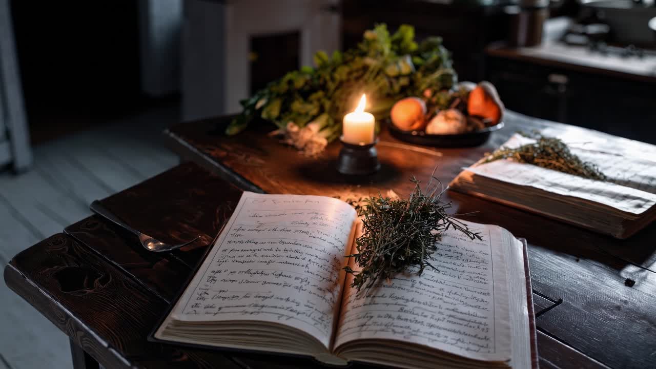 Vintage cookbook lying on weathered wooden surface, scattered fresh herbs, glowing candles, garden vegetables nearby, evoking rustic culinary heritage and warm kitchen ambiance