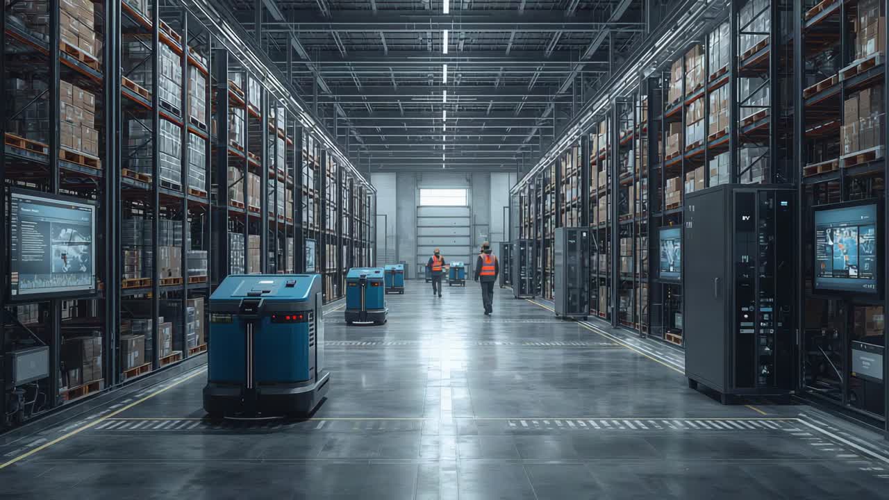 Moving blue AMRs and hi-vis crew walking warehouse aisle overseeing stock with loading door opening