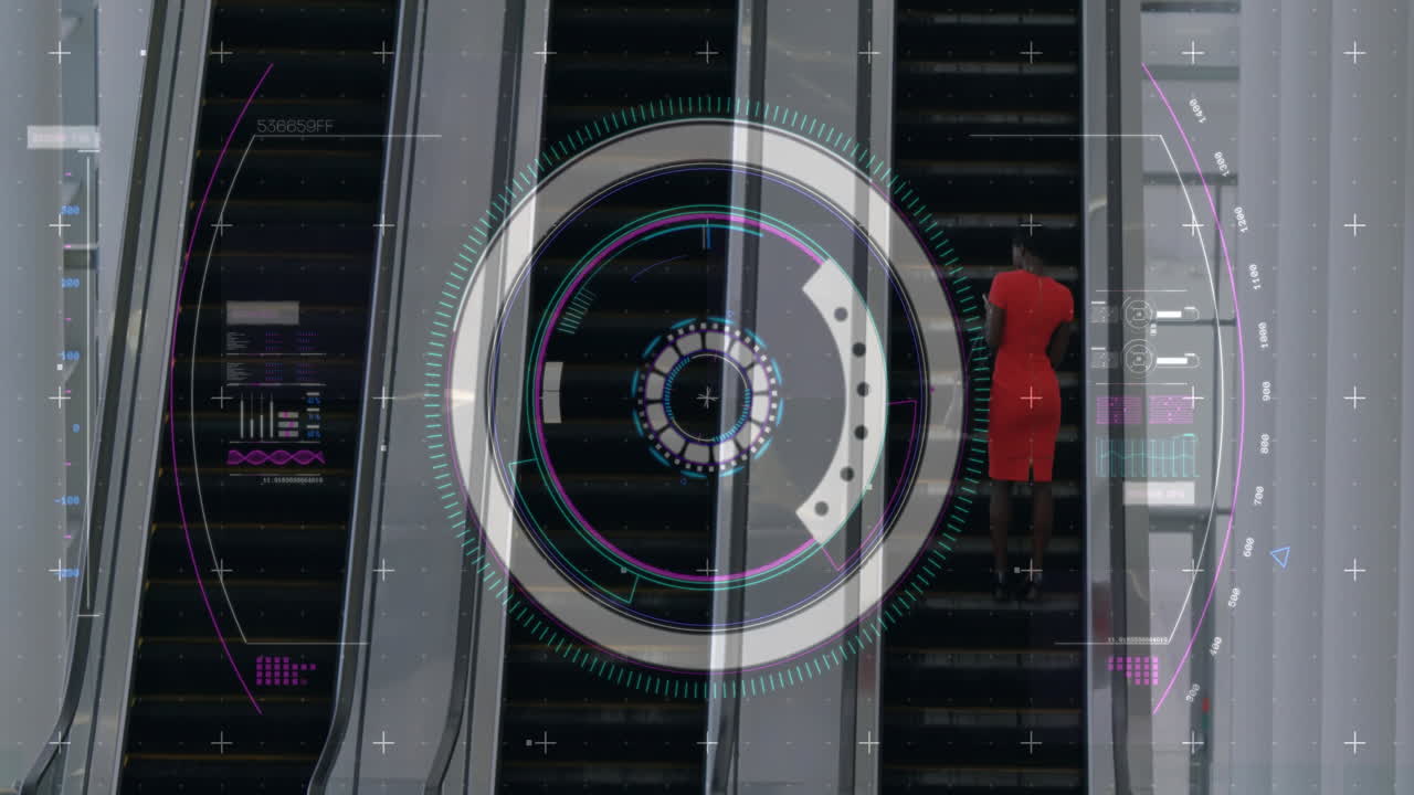 Animation of data processing and scope scanning over diverse businesswomen using escalator