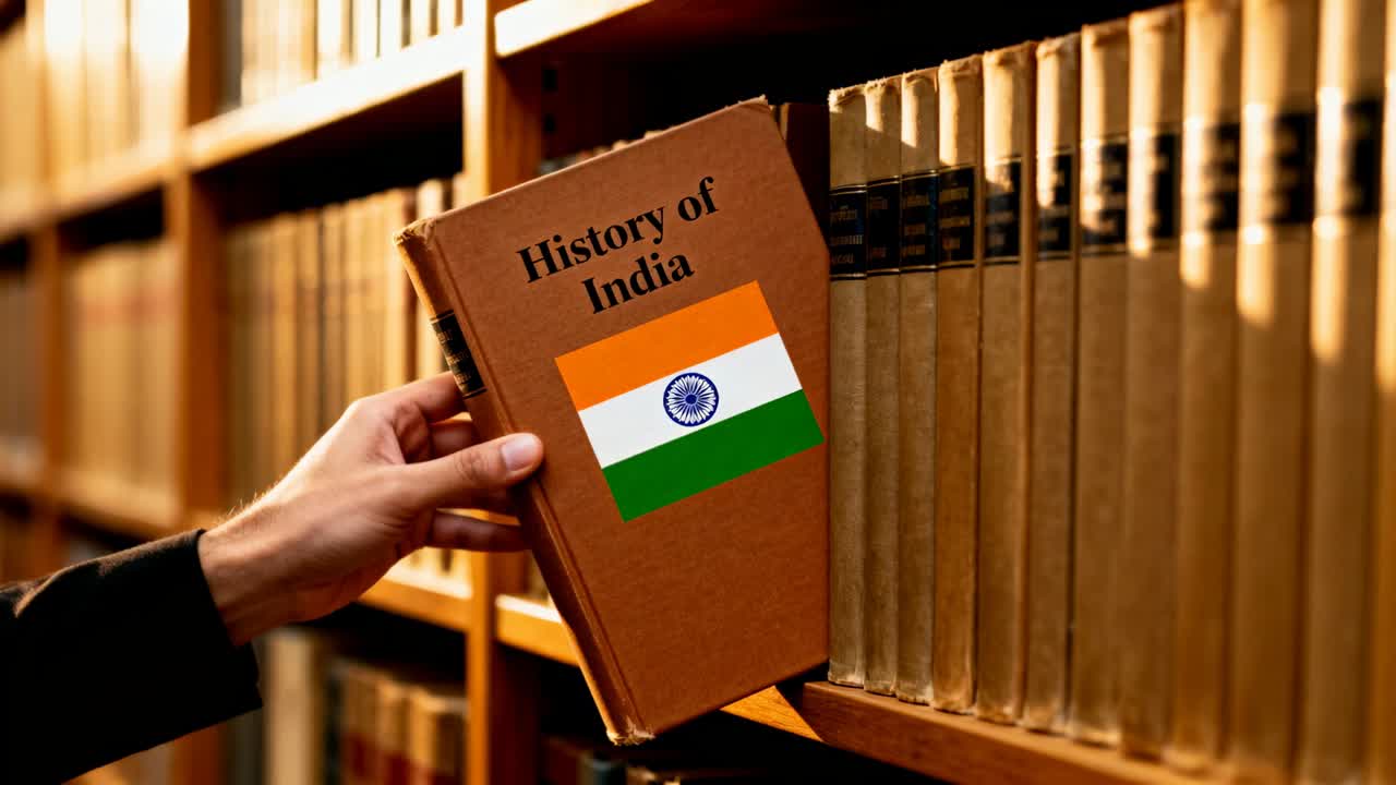 ダークコートを着た手が伸び、図書館の通路から『インドの歴史』という本を引っ張り出す。旗が見える。