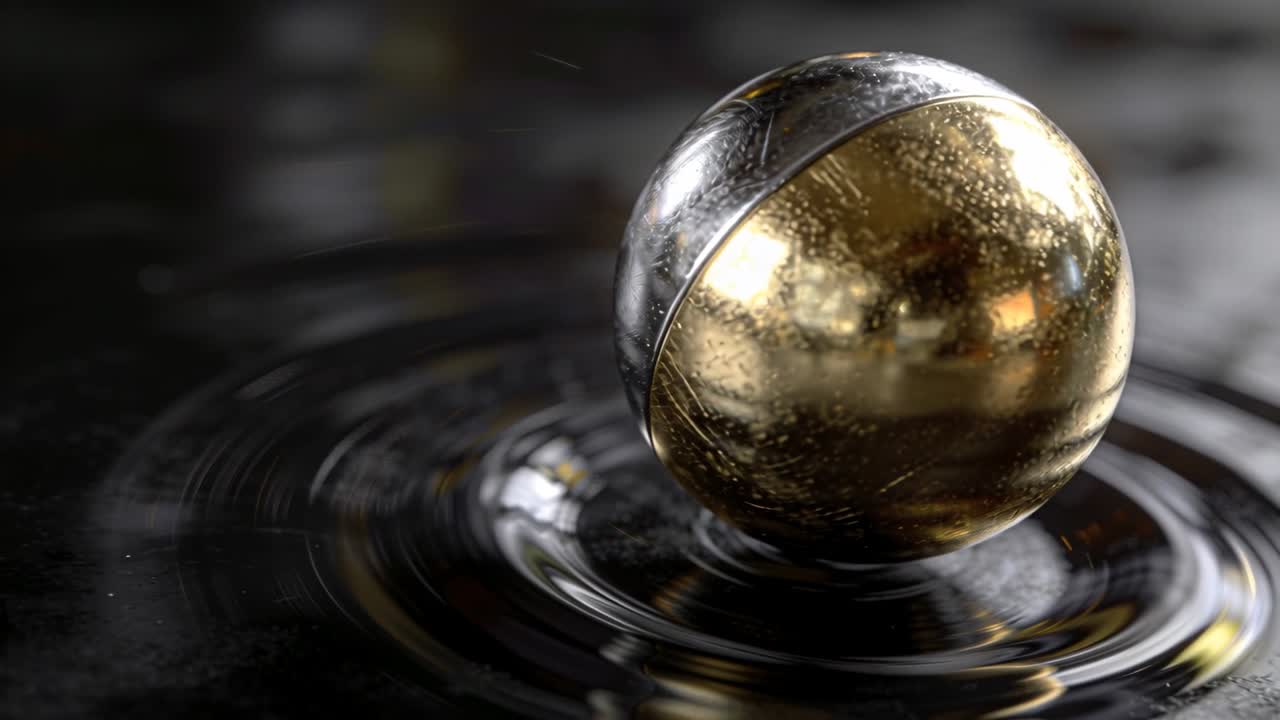 Esfera de dois tons sendo levantada, girando e aparecendo em estúdio sobre líquido escuro, revelando ouro.