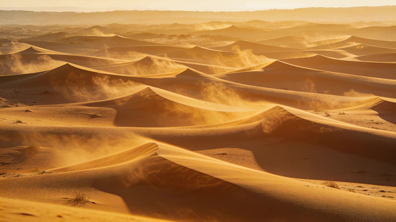 Vento che soffia sollevando sabbia dalle creste attraverso un campo di dune illuminato dal sole, formando increspature e valanghe.