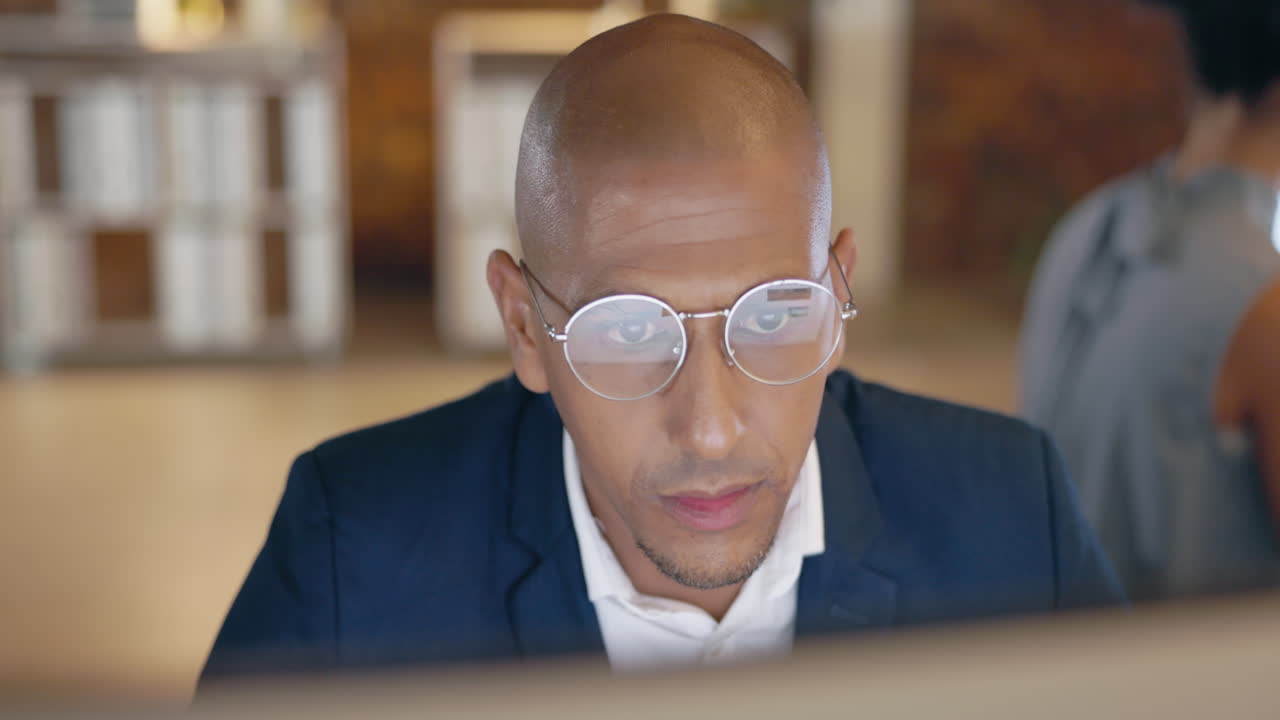 Business man, glasses and reflection on computer