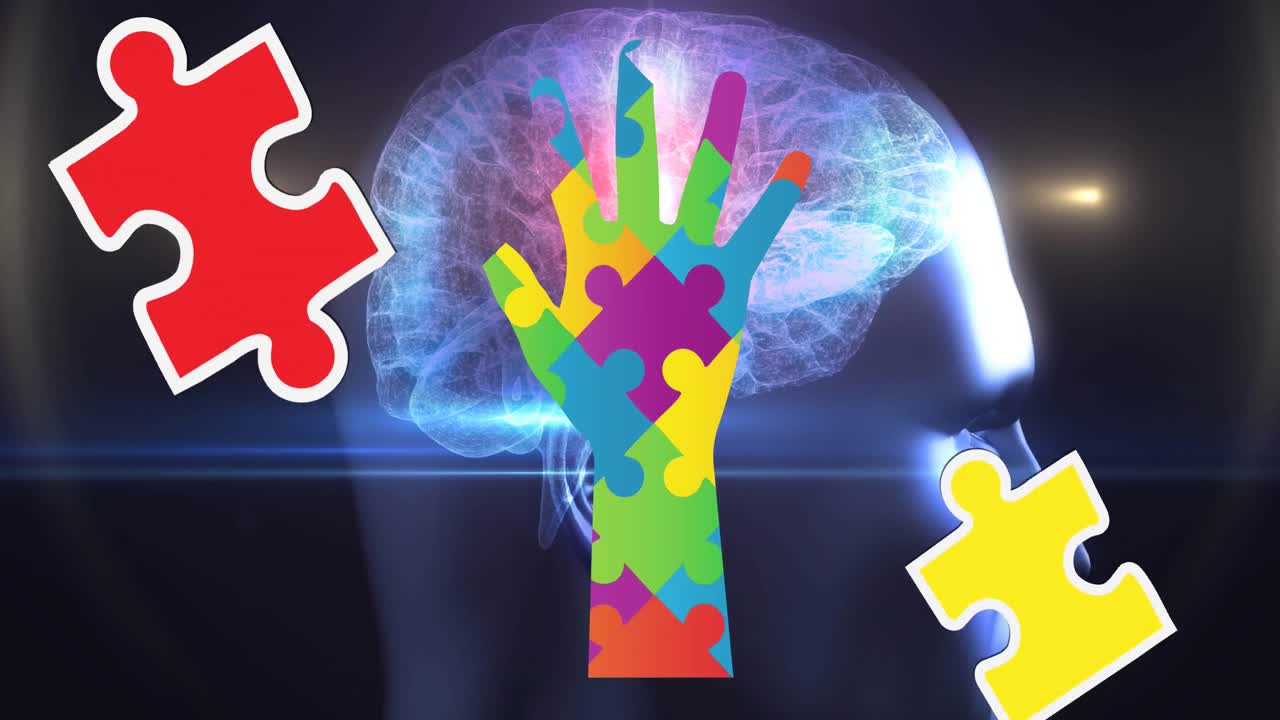 animación de coloridas piezas de rompecabezas mes de concienciación sobre el autismo mano sobre la cabeza humana