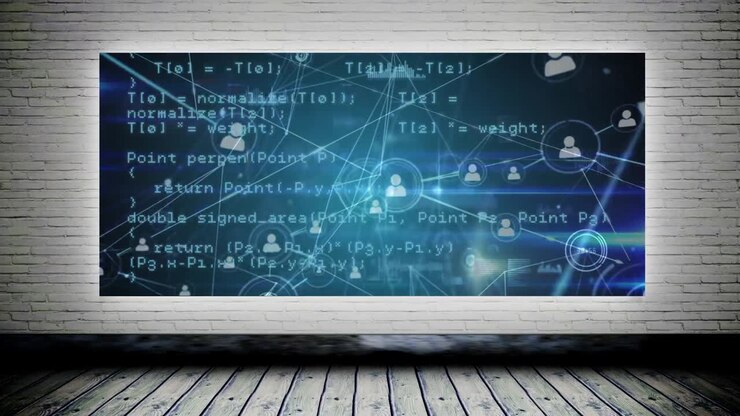 Animation of network of connections and data processing over wall