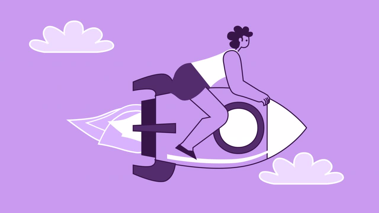 보라색 스타일의 여성 평평한 캐릭터는 로켓에 앉아서 앞으로 날아갑니다. 알파와 함께 고립된 루프 애니메이션