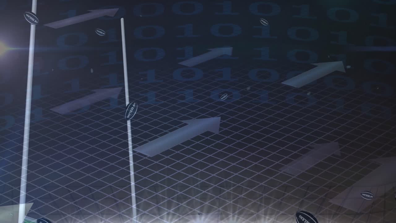 경기장에서 뉴질랜드 텍스트와 함께 떨어지는 럭비 공 위에 화살표의 애니메이션