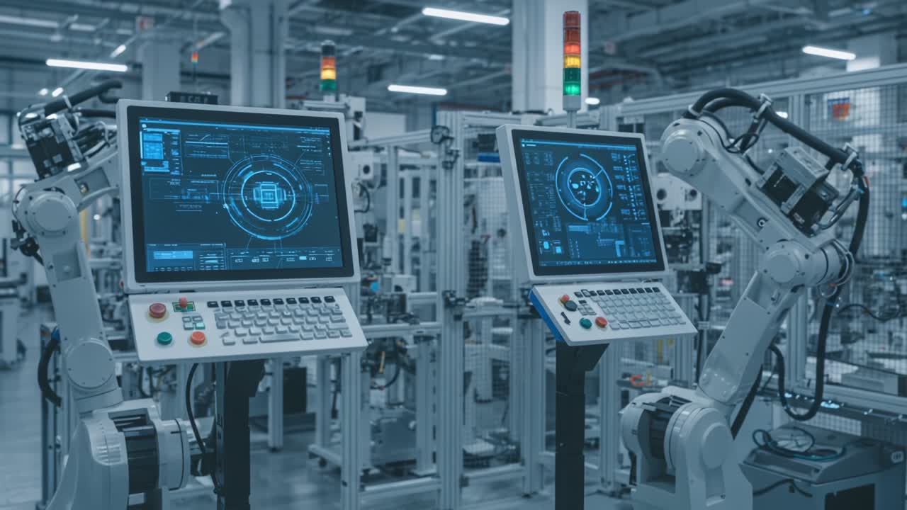 Automated Manufacturing Process with Robotic Arms and Control Panels Showcasing Advanced Technology in a Modern Factory Environment