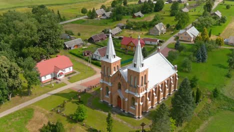 aerial drone view of rural villages and old churches in europe