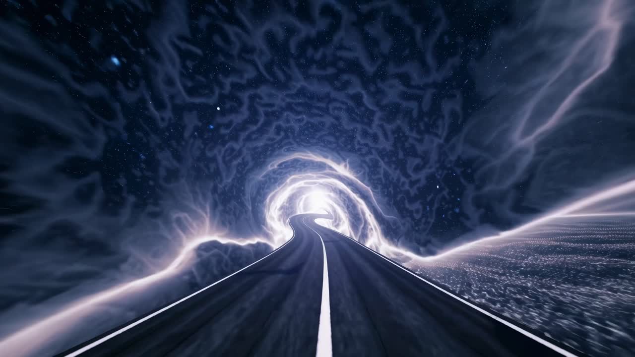 Futuristic video concept with a low-angle view of a surreal road leading into a swirling, cosmic