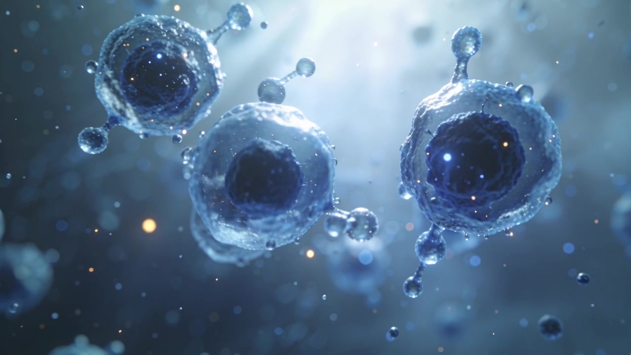 Gliding camera revealing translucent spheres with dark cores in bluish fluid for close inspection