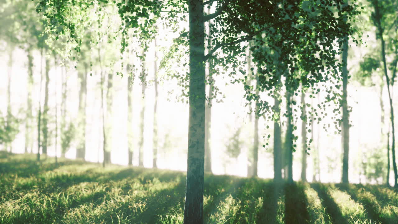 Sunlight filtering through trees in a serene forest during morning hours