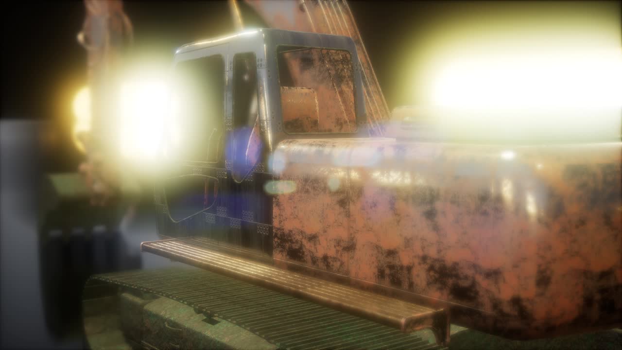 밝은 불빛으로 어두운 곳에 있는 발굴기