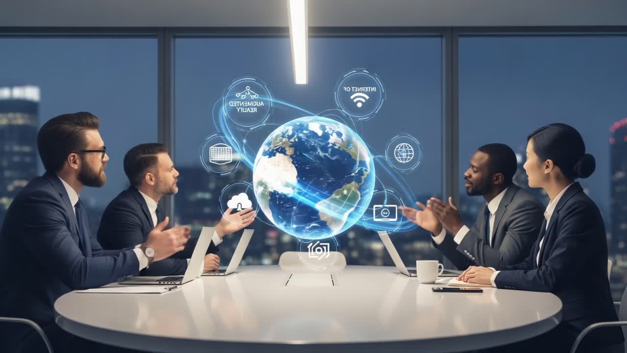 Collaborative Business Meeting Discussing Global Connectivity and Technology Trends with a Digital Earth Interface in a Modern Office Setting