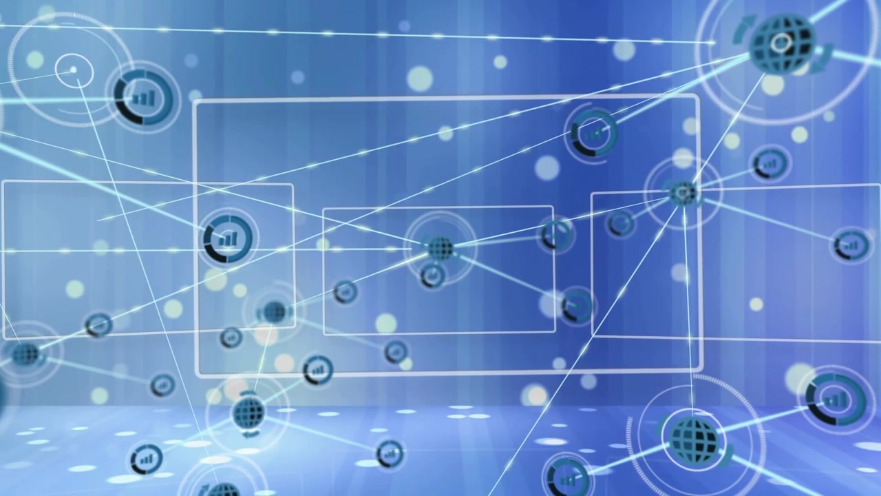 Animation of network of connections with icons over blue background