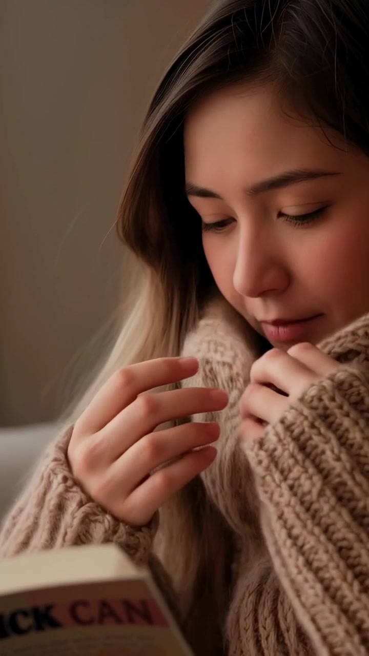 Video verticale: Donna che legge un libro tascabile, tirandosi un maglione a coste mentre reagisce in un angolo accogliente.
