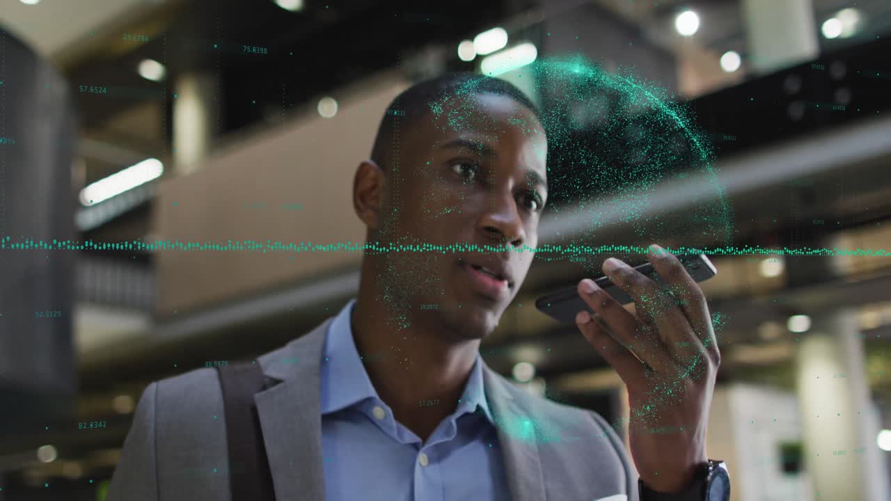 Animation of data processing over african american businessman talking on smartphone