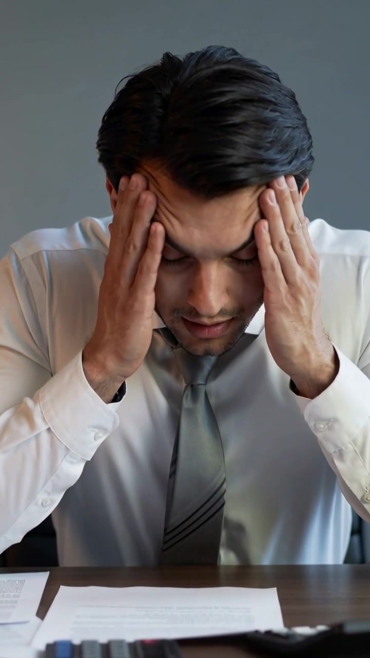 Video verticale: Uomo in camicia bianca che legge documenti, si strofina le tempie alla scrivania con carte, stressato.
