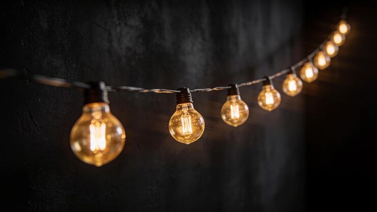 Camera racking focus, sliding along diagonal filament bulbs in studio bringing mid bulbs into focus