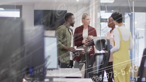 animation of graphs, numbers, loading circles, diverse coworkers standing and discussing in office