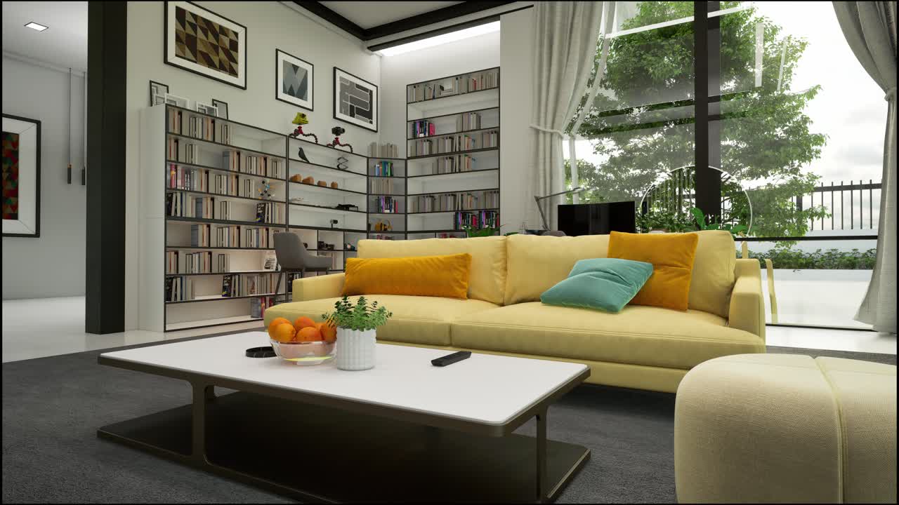 책장 이 있는 현대적 인 밝은 거실