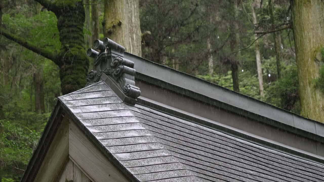 Beautiful roof of typical Japanese temple on rainy day