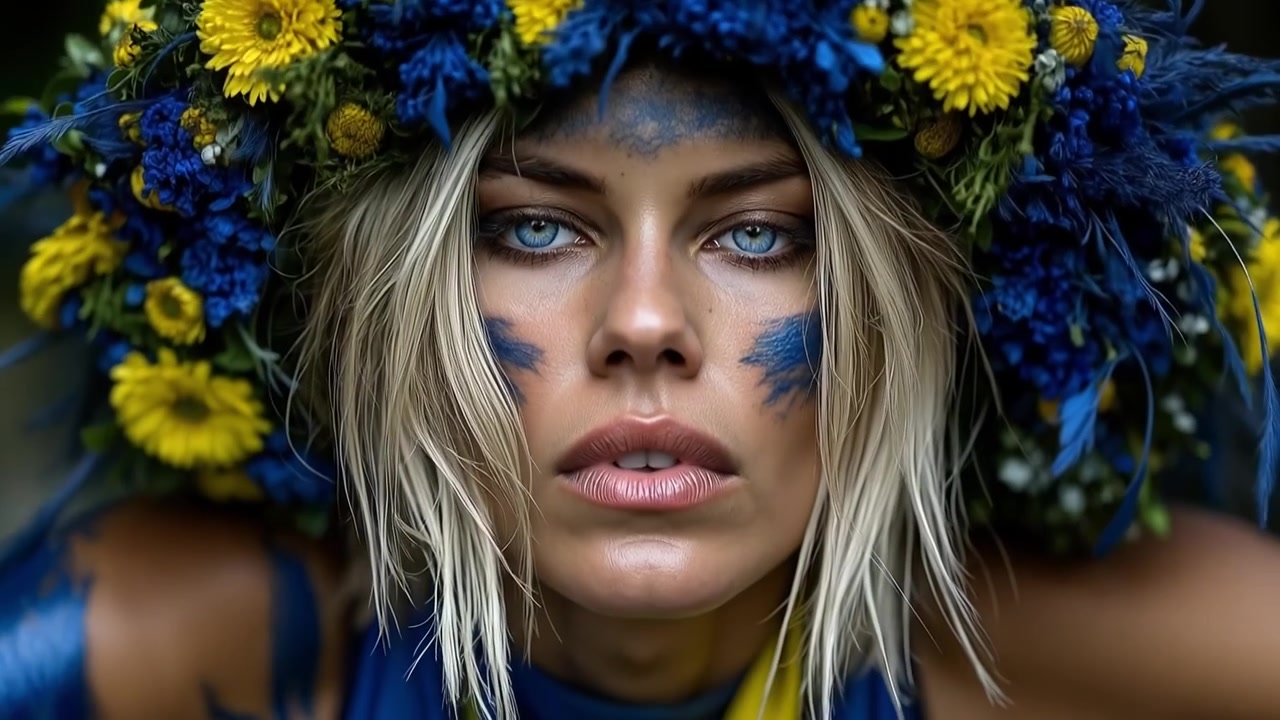 Donna con pittura facciale blu e gialla che indossa una corona di fiori e guarda in camera.