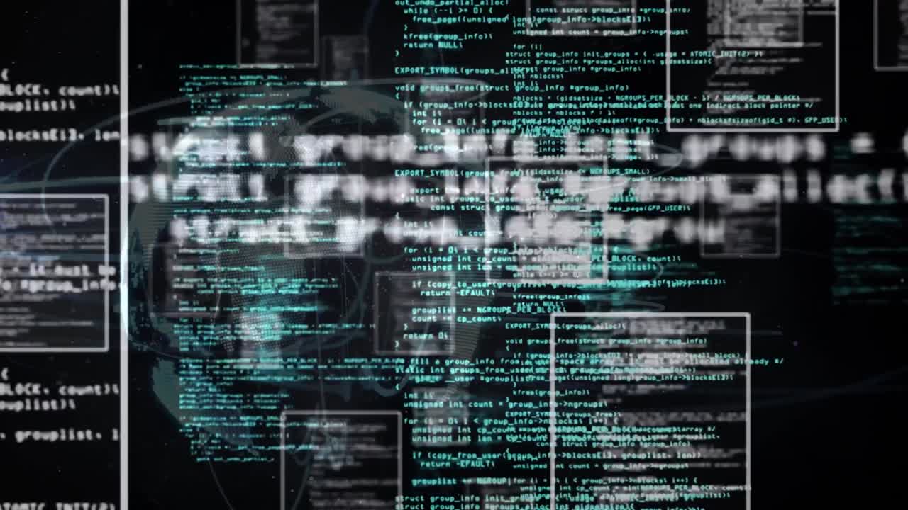 Digital animation of data processing over computer code and data processing on blue background