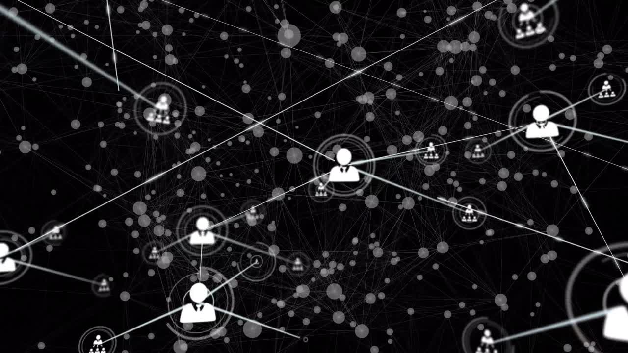 animación de puntos conectados e iconos de perfil conectados con líneas contra un fondo negro.