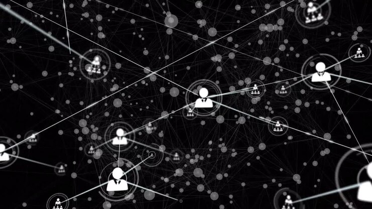 Animation of connected dots and profile icons connected with lines against black background