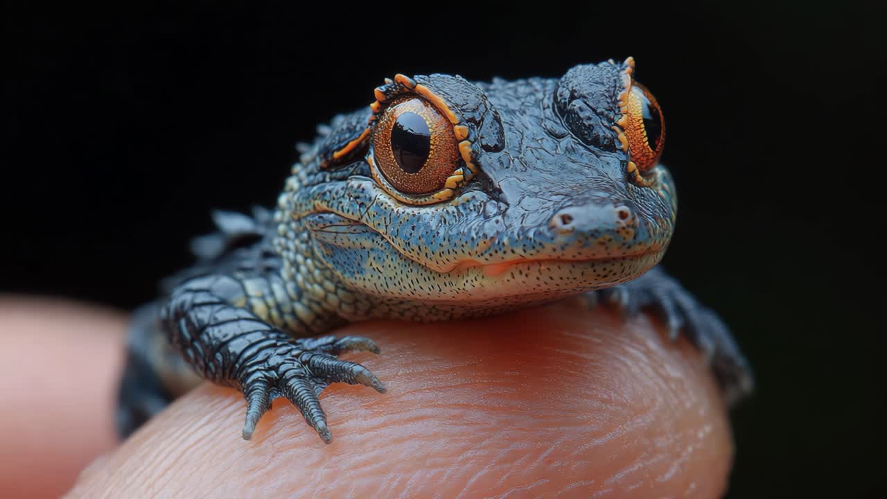 A small turtle is on a person's hand. The turtle has a black and orange shell and is looking up at the camera
