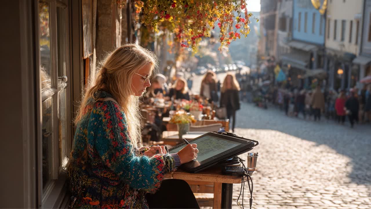 Capturing Creativity: A Young Artist Sketches in a Vibrant Outdoor Café Amidst a Bustling Cobblestone Street During Golden Hour