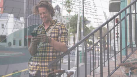 Animation-of-multiple-graphs,-trading-board,-caucasian-man-using-cellphone-and-walking-with-bicycle