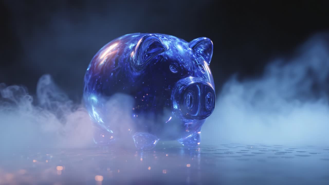 Futuristic cosmic textured piggy bank standing on a reflective surface, surrounded by swirling smoke and glowing particles, symbolizing advanced finance, digital currency, and future investments