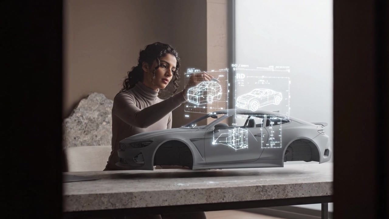 Uma mulher examina um modelo de carro elegante e moderno em uma mesa, exibindo uma mistura de criatividade e design em um ambiente artístico com luz natural suave.